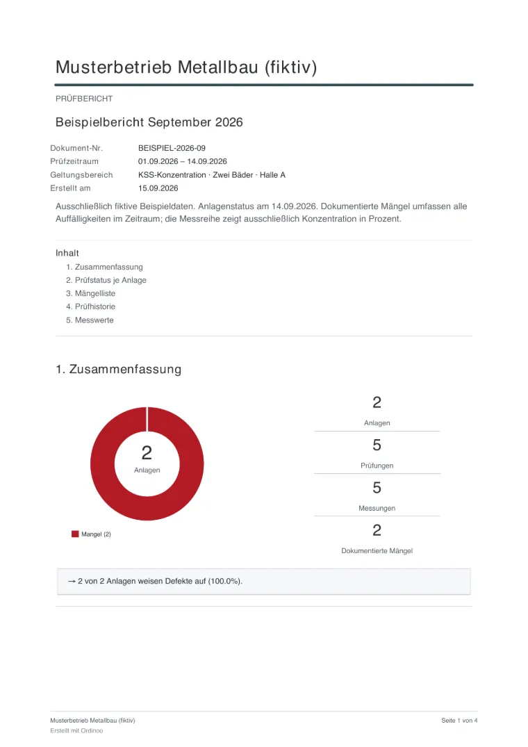 Erste Seite eines Ordinoo-Prüfberichts mit Zusammenfassung, Prüfstatus je Anlage und Mängelliste.