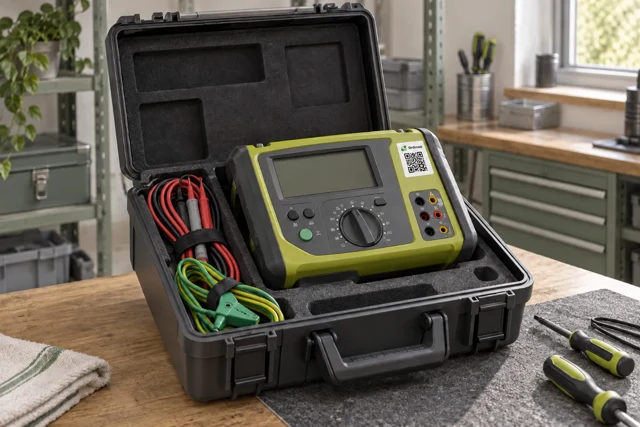 Eigenes elektrisches Messgerät mit QR-Etikett und aufgerollten Prüfleitungen im Servicekoffer.