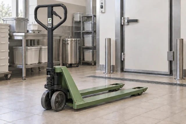 Abgestellter Hubwagen mit QR-Etikett vor einer Kühlraumtür im technischen Betriebsbereich.