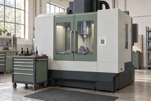 Stillstehende CNC-Maschine mit geschlossenen Türen und QR-Etikett außen am Gehäuse.